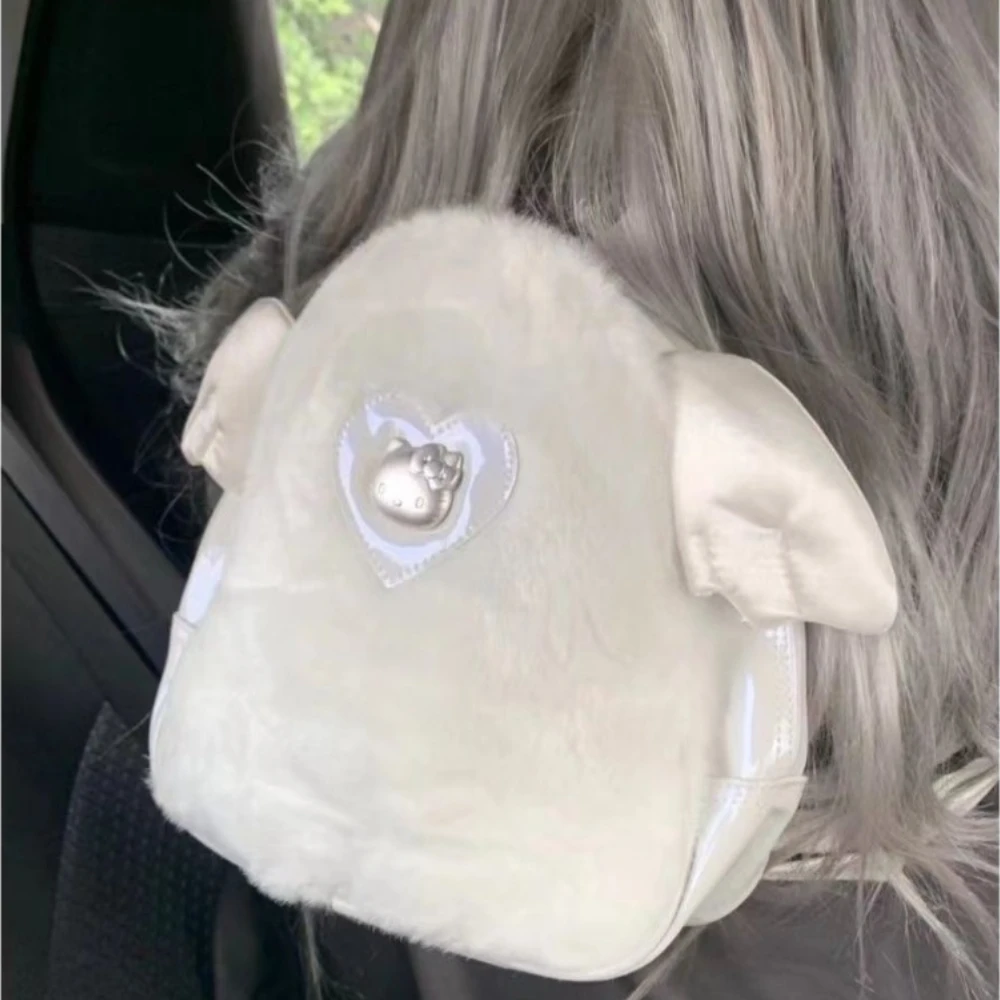 Mochila de Hello Kitty Miniso, bolso de hombro con lazo de felpa blanco bonito, nuevo bolso de mano multifuncional informal con cremallera para invierno para niñas, regalo