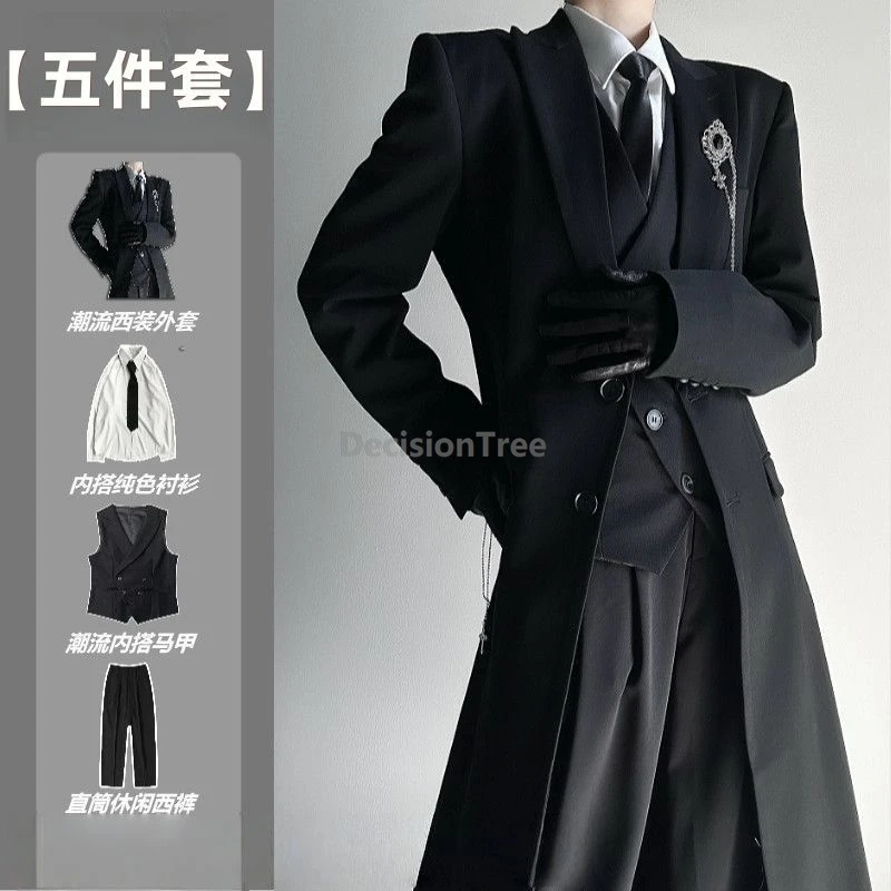 Youth Long Tailored Coat Jacket 5-Piece Set Black Suit Jacket Unisex DK Uniform Set Casual Men Suit College Student Chic DK Set