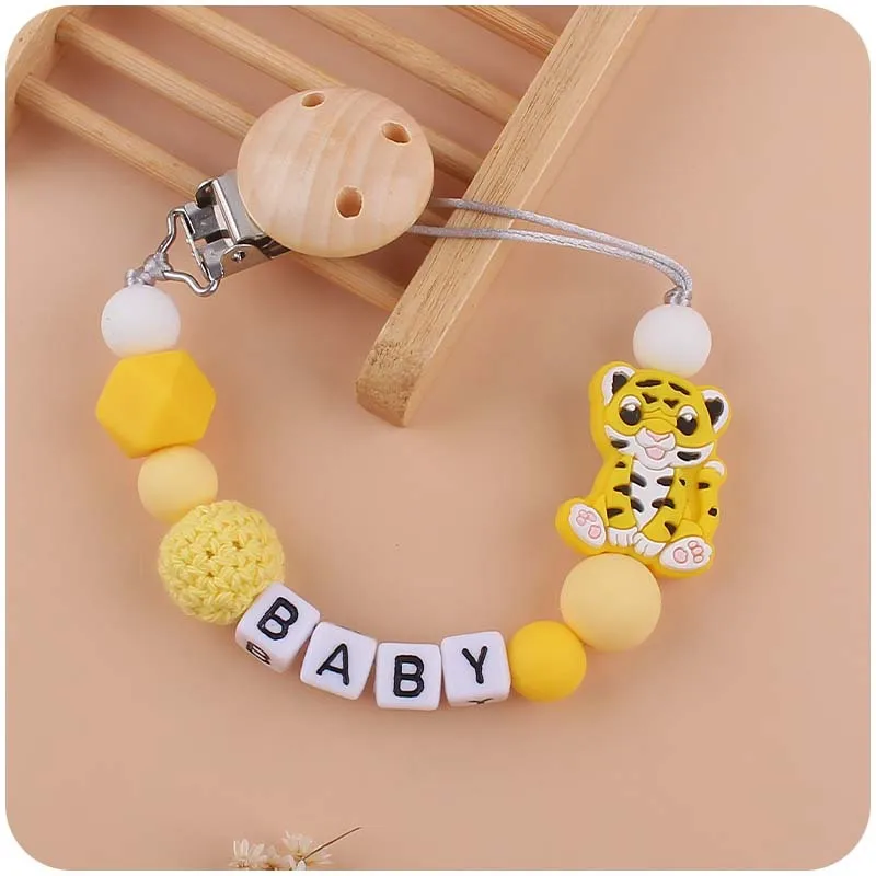 ABCPICK Baby Tiger Design Beech Wooden Baby Pacifier Clip Food Grade Silicone Beads Baby Pacifier Chain Clip Holder