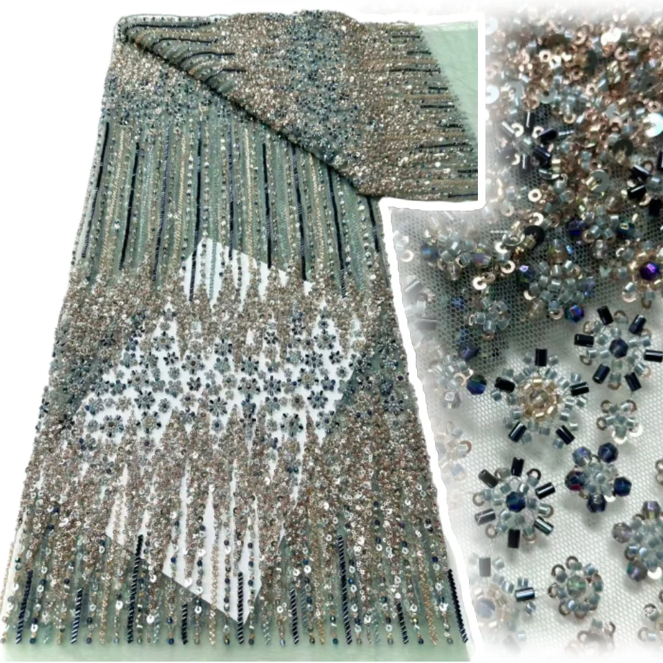 

Элегантная кружевная ткань с цветочной вышивкой и блестками, бусинами, 2021, высококачественная тюль, нигерийская кружевная ткань для шитья свадебного платья T1706