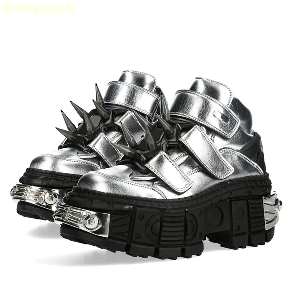 Dark Space Silver Thick-Soled Shoes Big Rivets Height-Increasing Boots Unisex Punk Metal Rock Tank Thick-Soled High-Top Shoes