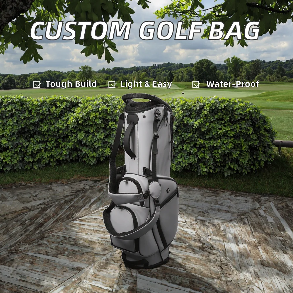 Custom logo lightweight PU leather golf bag 5-piece set, black and gray , portable and durable design, buckle closed adult model