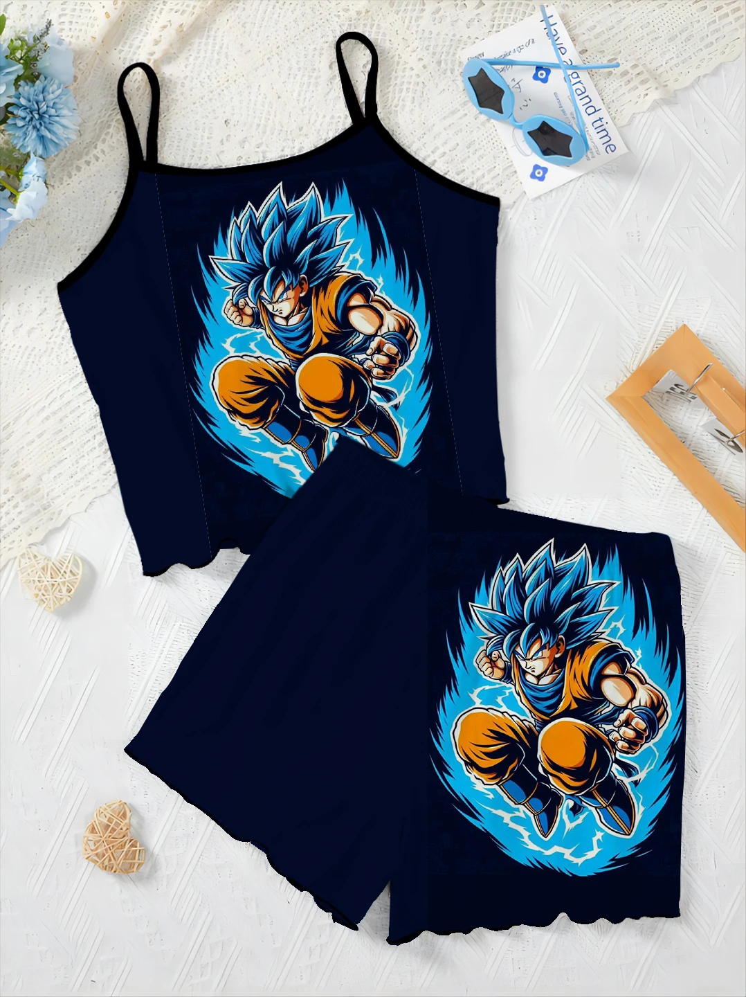 Women's Suit Slip Dress Pajama Skirt Son Goku Top Dragon Ball Lettuce Trim Satin Surface Vegeta Short Sets T-shirt Pieces Home