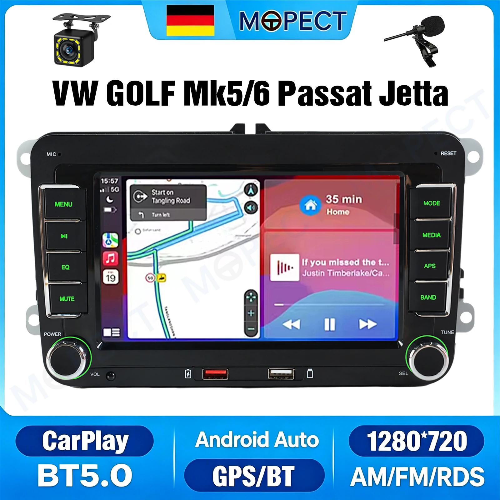 MOPECT 7-Zoll-Wince-System für VW Golf 5 6 Polo T5 Touran Passat Seat Skoda Autoradio Stereo Wireless Carplay USB Bluetooth FM+MIC&Kamera
