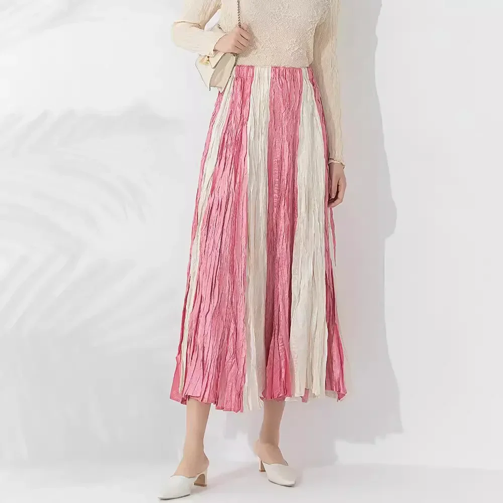 

Pleats High-end Temperament New Color-splicing Half-body Skirt High-waisted Floating Fashion Loose Thin Half-body Skirt Female