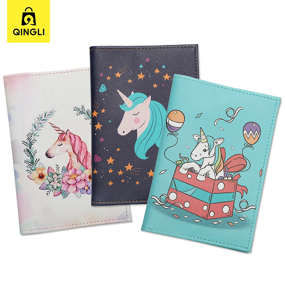 Funda de pasaporte de unicornio para mujer, accesorios de viaje, soporte de pasaporte fino, caballo arcoíris de dibujos animados, funda de pasaporte de cuero PU, lindo, nuevo