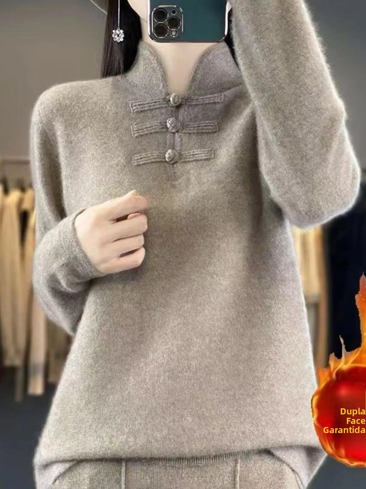 厚みのあるドイツ製ベルベット素材の袍風レディースルーズフィット襟なしコート、カジュアルスタイル、無地、2024秋冬新作