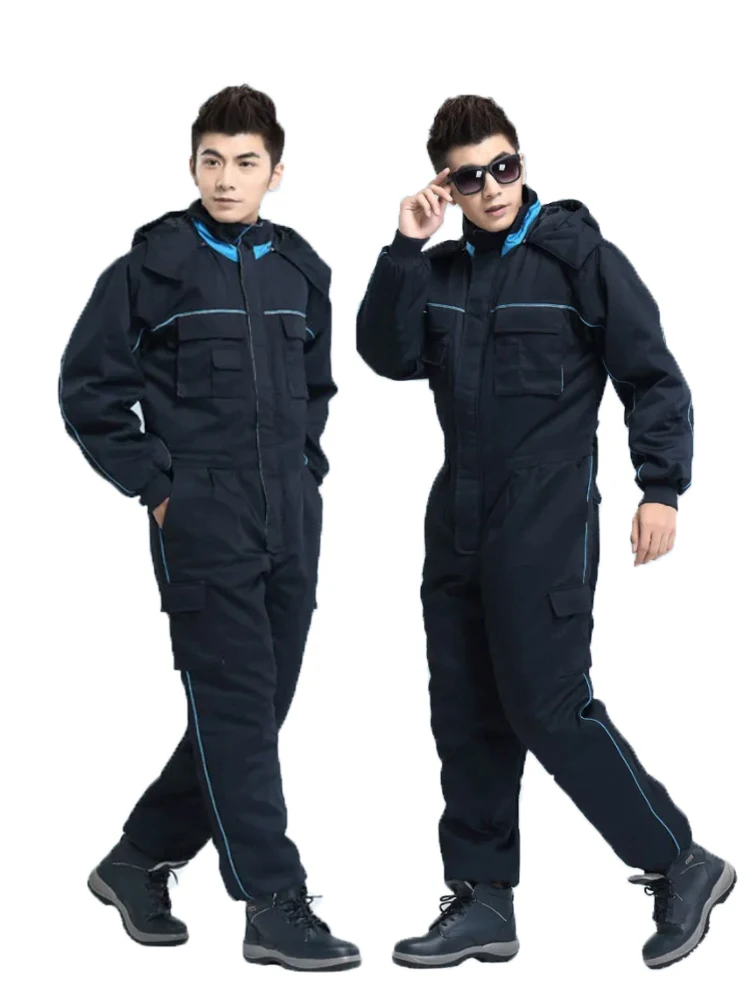 Jumpsuit katun untuk pria wanita, Jumpsuit katun hangat tebal warna biru dongker Musim Dingin 7335, jaket keselamatan, pakaian kerja, seragam kerja, perlindungan keamanan