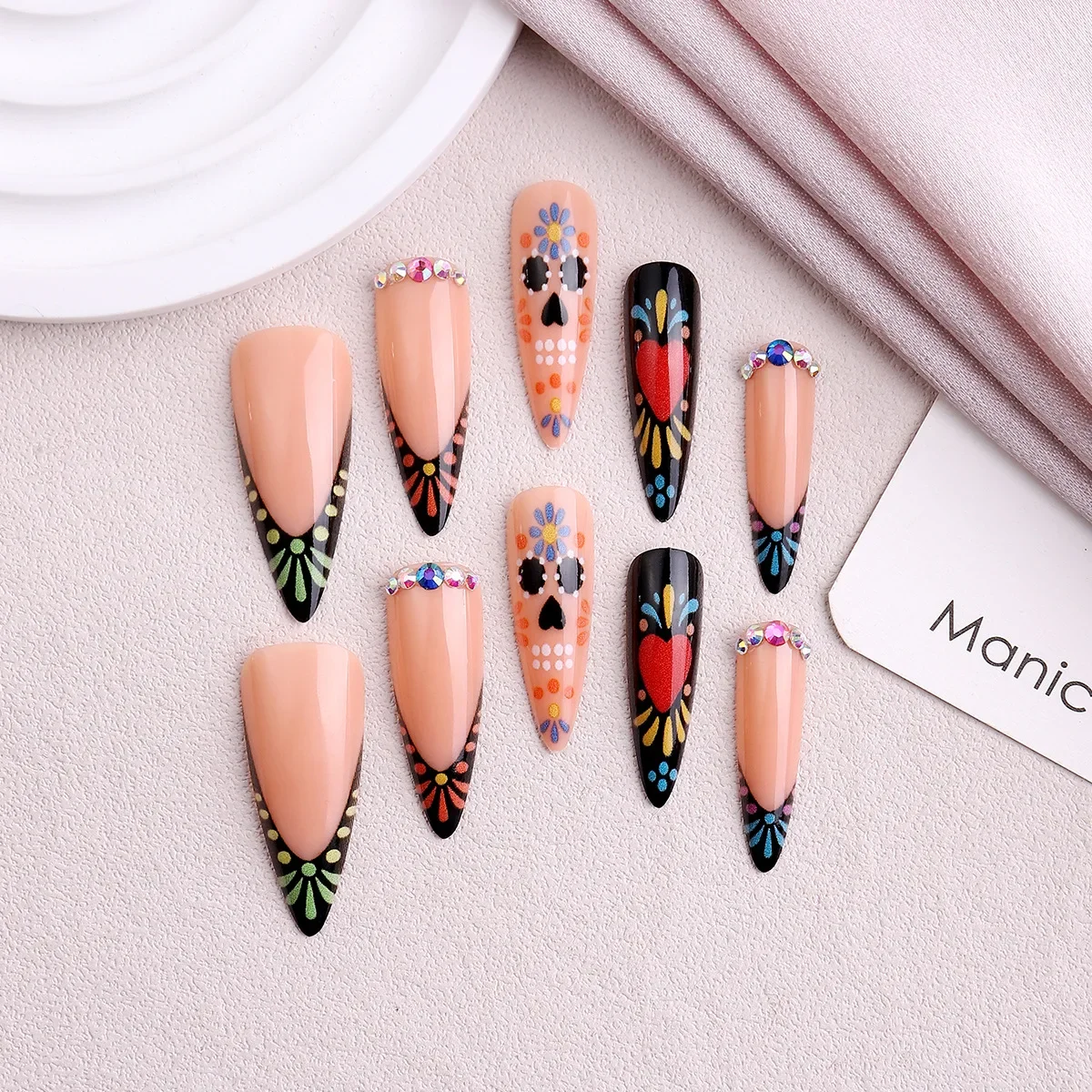 

24PCS Almond Press on Nails with Love Heart Smiley Face Fake Nails Sweet Cool Style Y2K Colorful Firework False Nails Removable