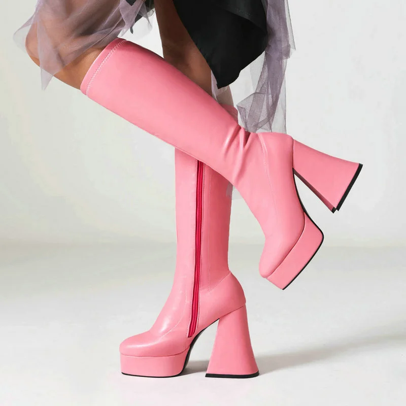 2024 Women Knee High Boots Platform Square High Heel Ladies Calf Boots PU Leather Round Toe Side Zipper Dress Women\'s Shoes