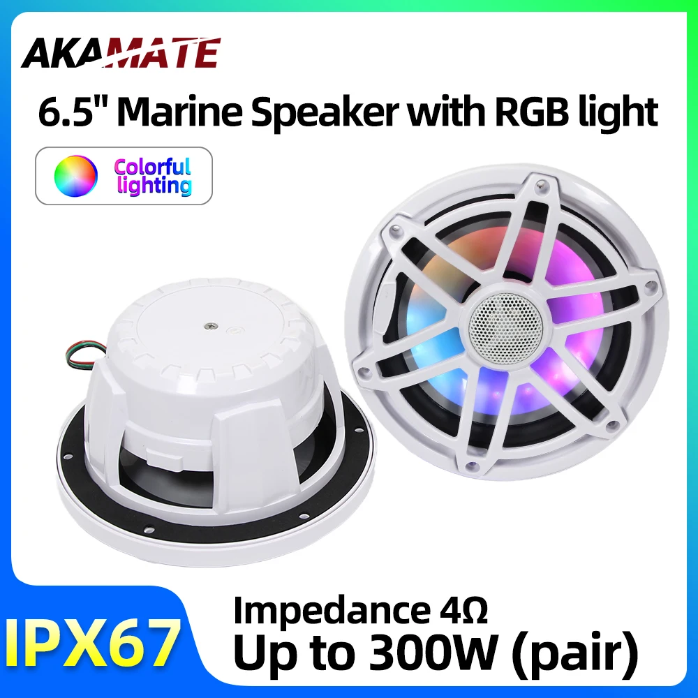 6.5 Inch Marine Speaker 12V 150W Output with Colorful RGB Light Waterproof IPX67 White Loudspeaker for RV Yacht Fishing Boat