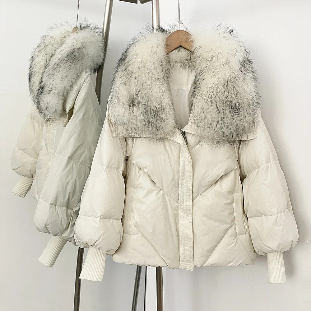 Parka de plumón de pato blanco para mujer, chaqueta acolchada con capucha de piel auténtica grande, Parka gruesa, abrigo cálido de manga tejida, novedad de invierno 2026