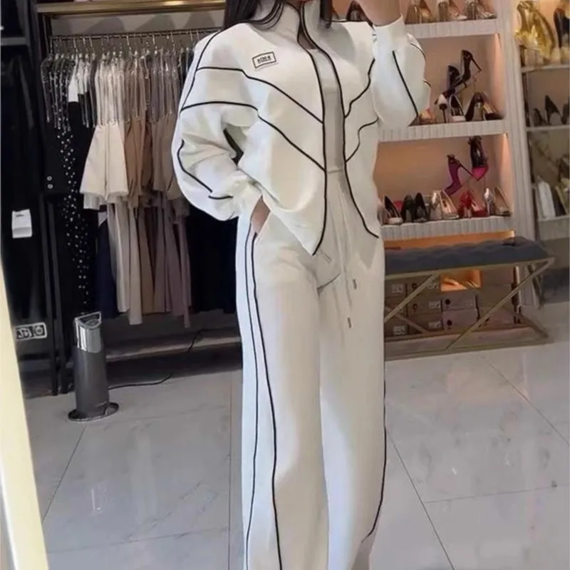 

2025 Women Fashion Elastic Waist Lace-up Solid Sport Outfits Casual Long Sleeve Loose Set Elegant Zip Sweatshirt Long Pant Suit