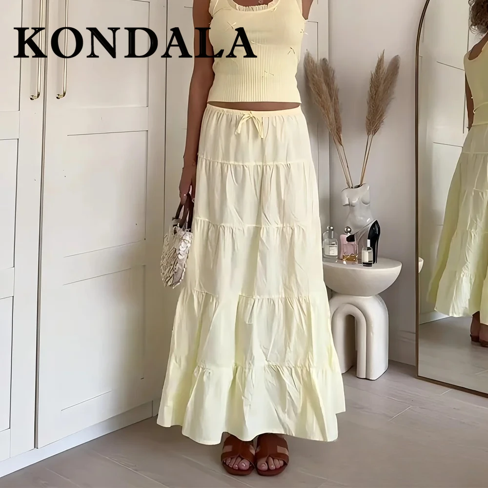 

KONDALA Chic Yellow Elegant Pleated Casual Woman Skirts Fashion 2025 Summer Holiday Beach Patchwork Y2K Lace Long Mujer Skirts