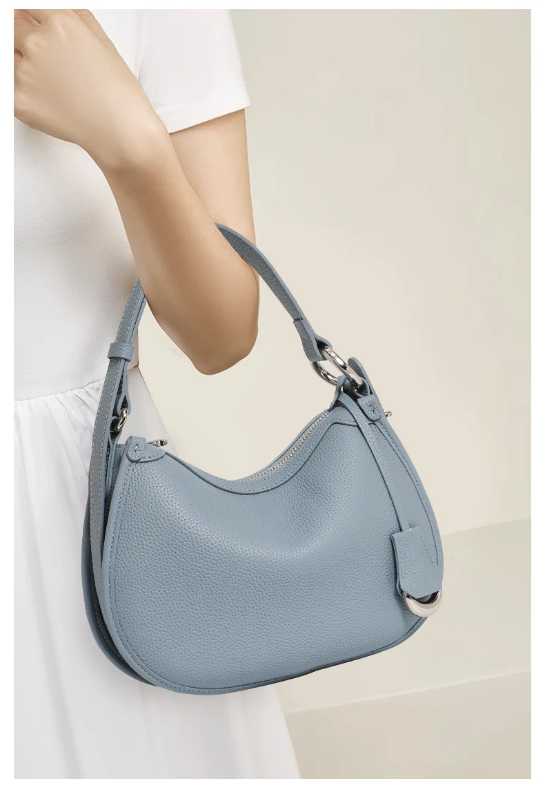 Neue hochwertige Leder-Halbmondtasche für Damen mit diagonalen Klettverschlüssen aus Rindsleder, Handtasche mit Schulterriemen und Achseltaschenfunktion. – Detail 3