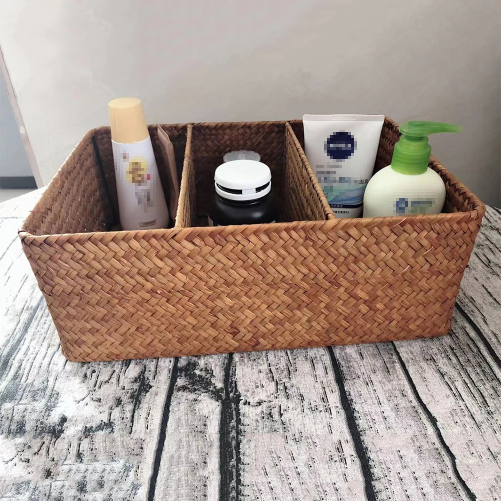 

Seaweed Woven Desktop Storage Basket 3 Compartments Natural Storage Box Yellow Organizer for Room Desk Woven Basket