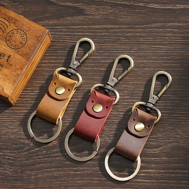 Retro Genuine Leather Handmade Keychain Wear-resistant Cowhide Key Loop For Men Gift Pure Color Buckle