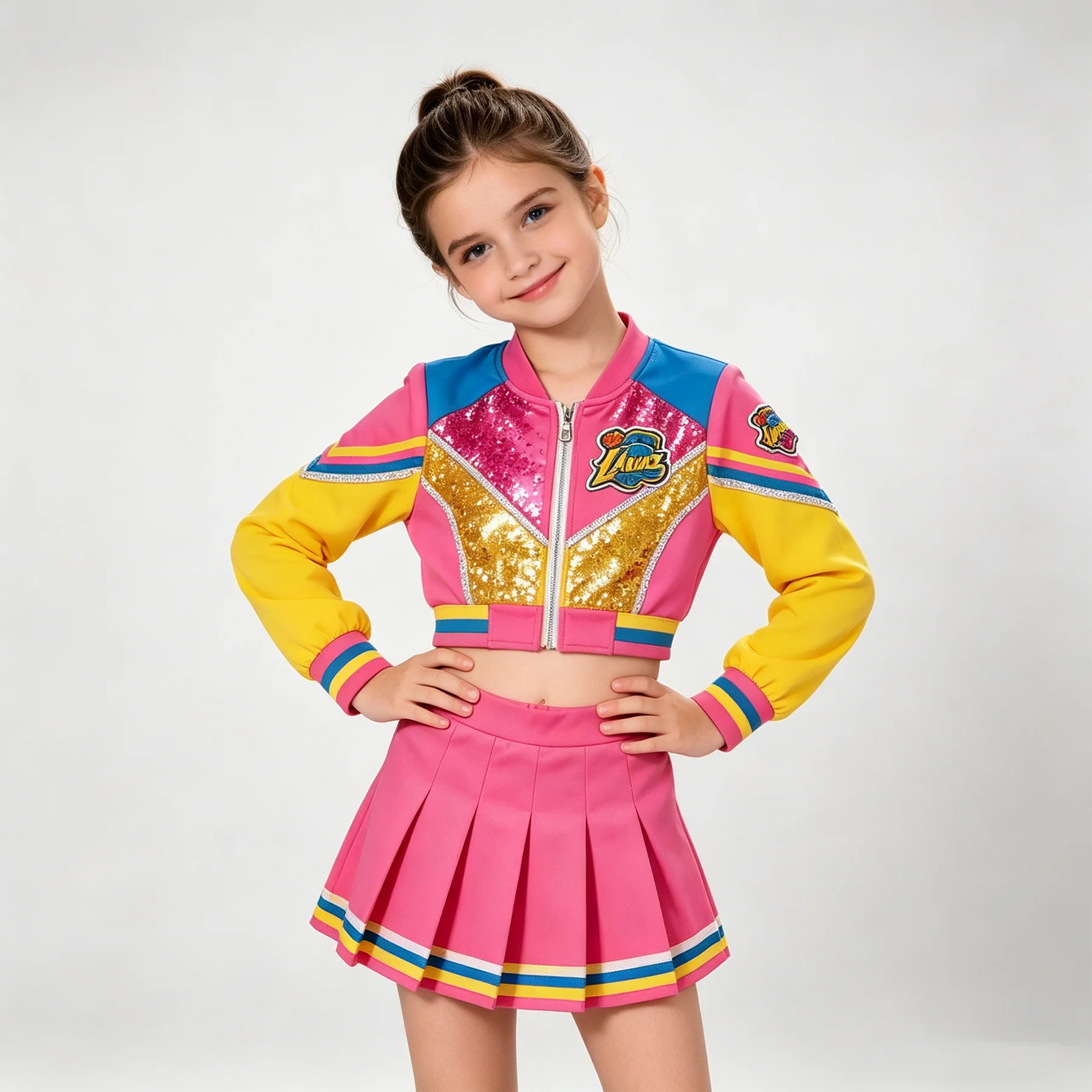 

Sparkly Girls Cheer Outfit Sequined Crop Jacket Pleated Skirt Set Cute Kids Cheerleader Costume Dance Sports School Competition