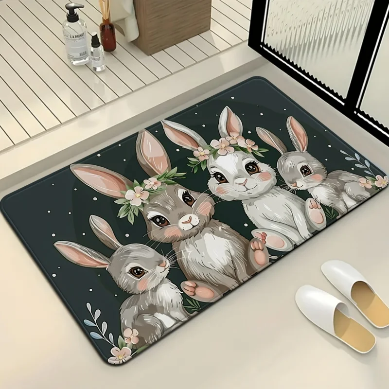 VIKAMA Easter Doormat Spring Rabbit Garland Floral Printed Carpet Suitable For Outdoor Entrances, Living Room Home Decoration