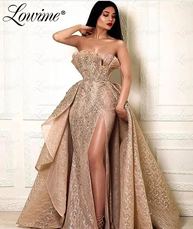 Lowime 2 In 1 Lace Prom Dress Strapless Champagne Arabic Evening Dresses Robe De Soiree Wedding Engagement Gowns Party Dress