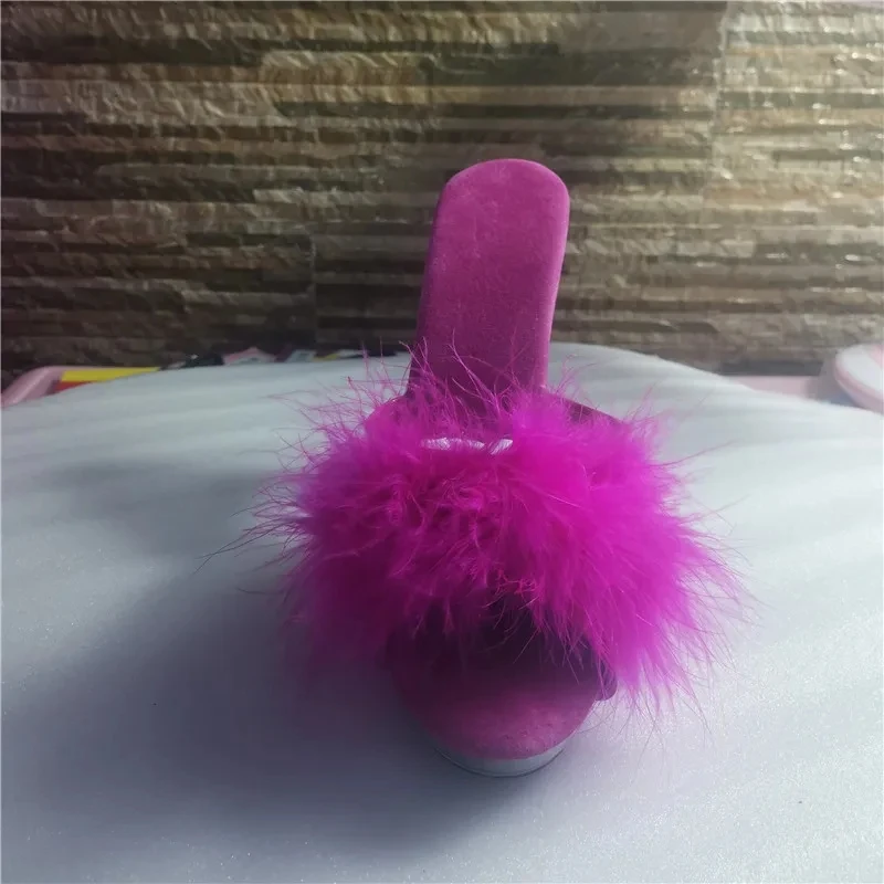 새로운 하이힐 13CM 스트리퍼 슈즈 풍성한 깃털 크리스탈 슈즈 핫 섹시 플랫폼 여성 샌들