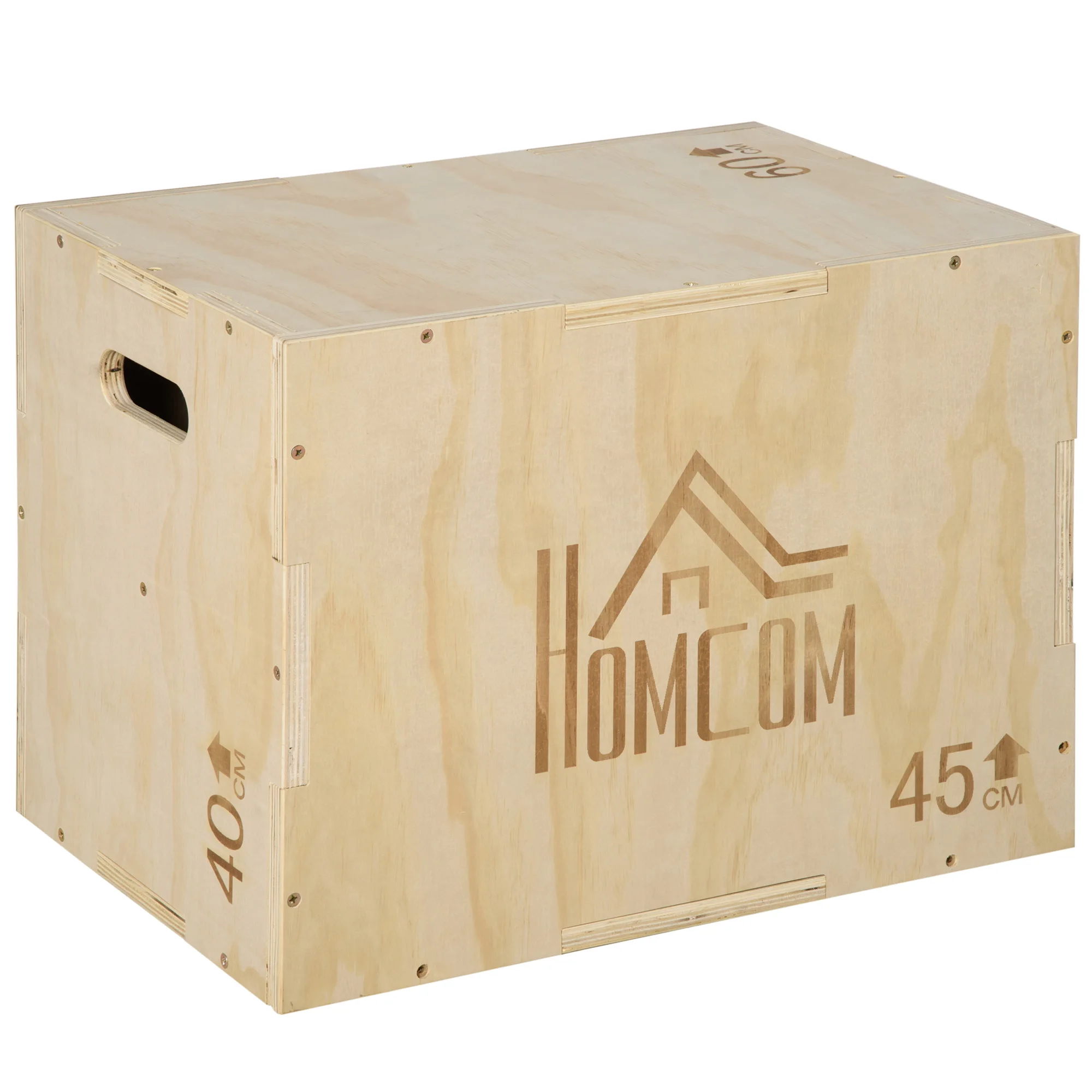 HOMCOM Caja Pliométrica de Madera 3 en 1 con 2 Mango 45x40x60 cm Madera Natural