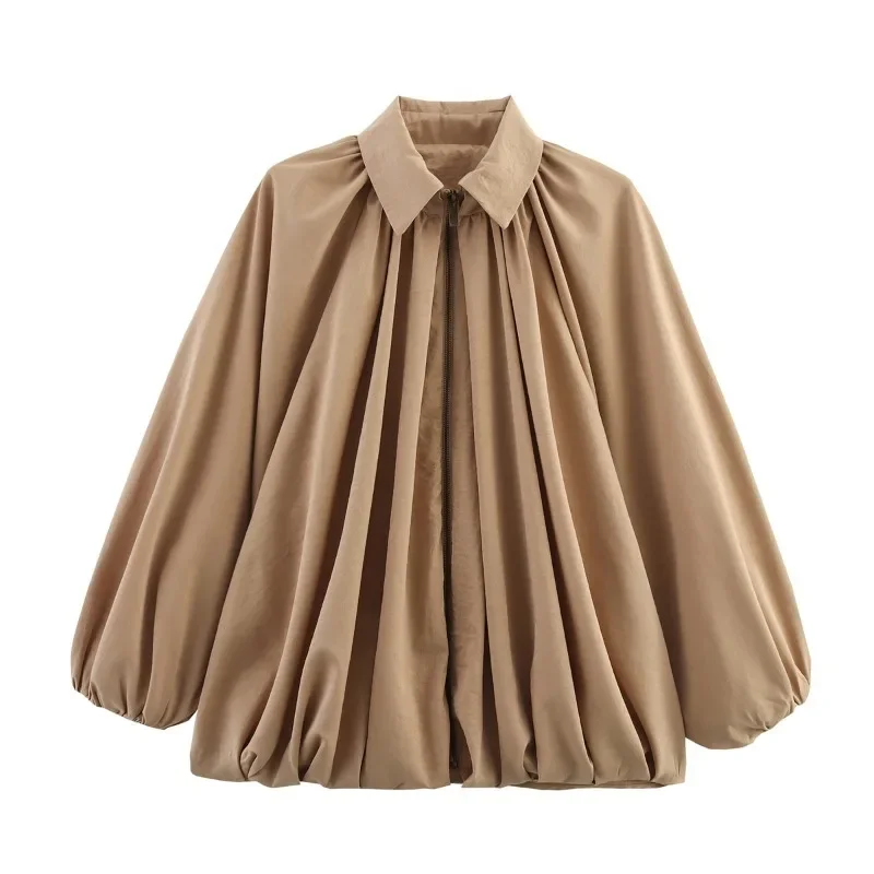 Autumn Winter Women Fashion Solid Loose Coats Causal Long Bat Sleeves Lapel Zipper Jacket French Vintage Pleated Outerwears Y2k