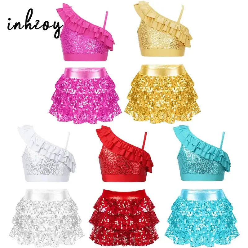 2Pcs Kids Girls Shiny Sequins Dance Outfits Oblique Shoulder Crop Top with Skirted Shorts Set for Hip Hop Jazz Latin Performance