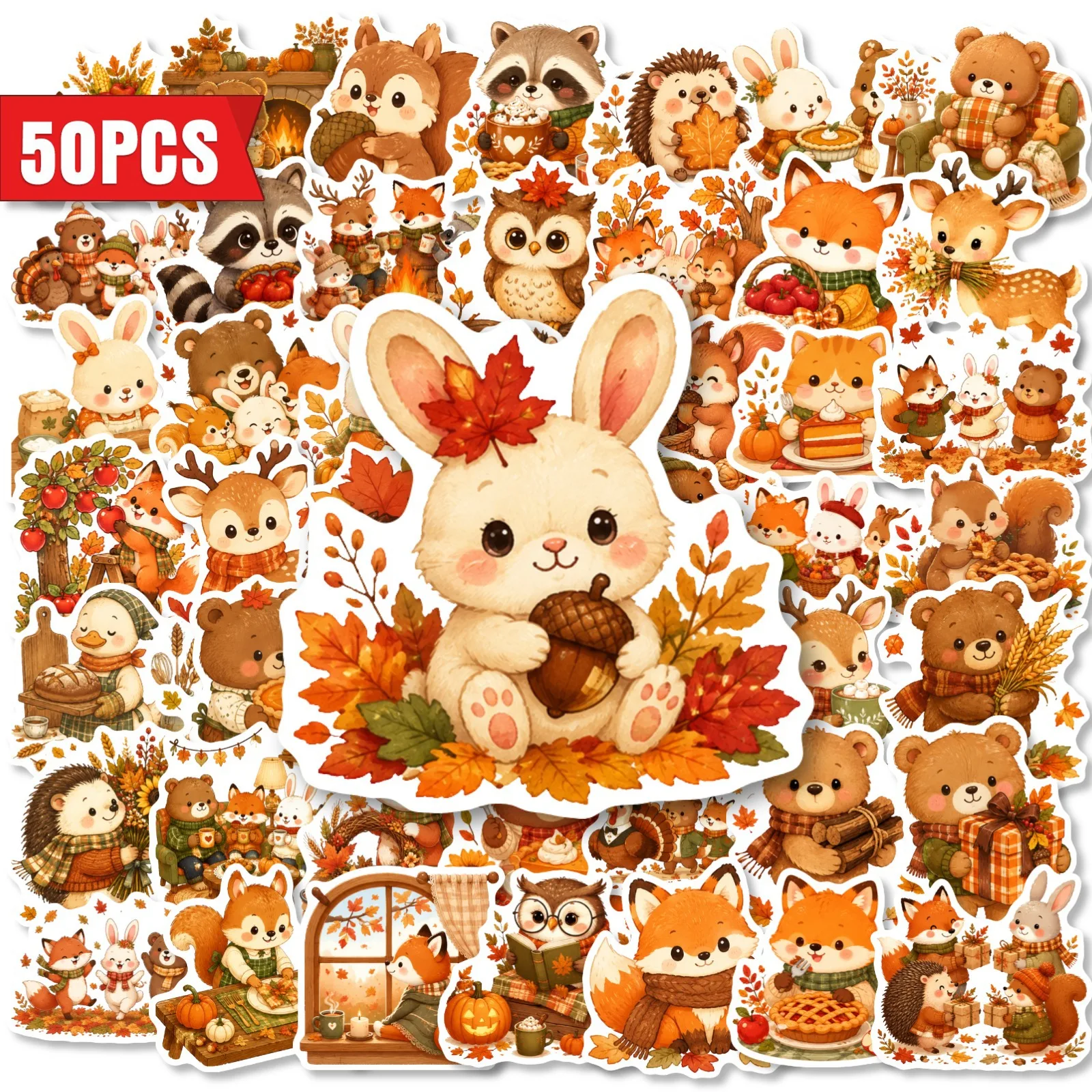 50 PCS Beautiful Autumn Theme Cute Little Animal Cartoon Stickers Decorate Window Helmet Diary Phone Waterproof Decals