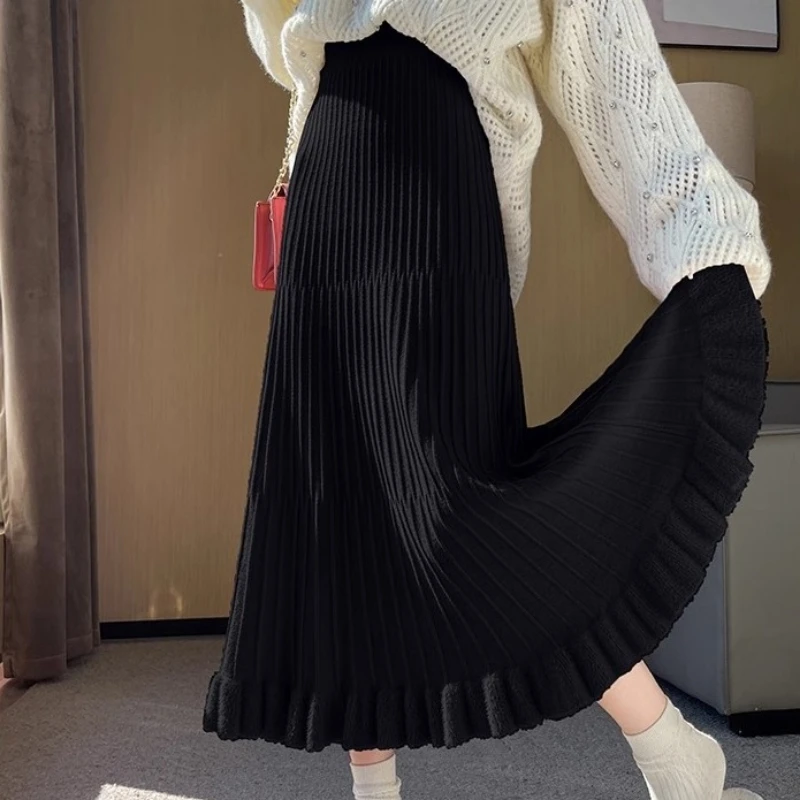 

2025 Knitted Women's Skirts High Waist A-line Ruffled Jupe Fashion Casual Korean Saia Solid Color Winter Long Skirt
