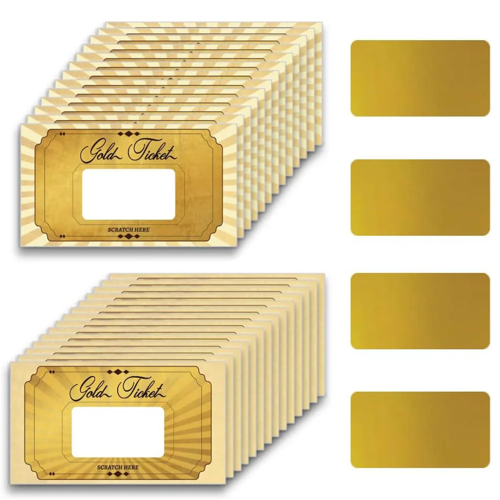 20 pegatinas de tarjetas rasca y gana doradas, en blanco, para regalo, cupones DIY para pequeños negocios, fiestas, bodas, despedidas de soltera