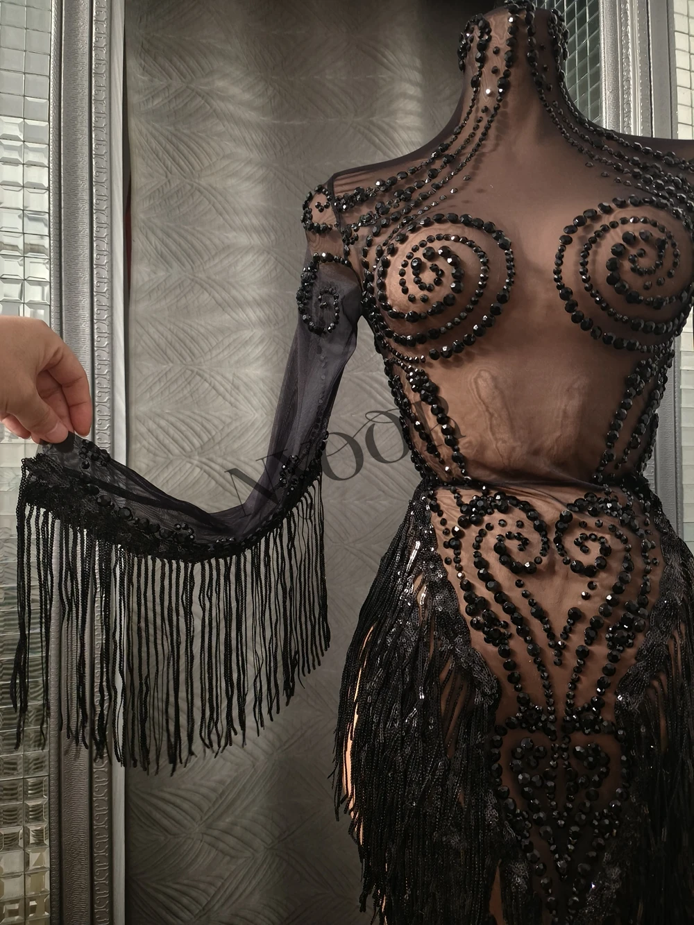 Sparkly Strass Quasten Geburtstag Feiern Abendkleid Frauen Sexy Mesh Transparent Leistung Tanz Kostüm Bühne Tragen