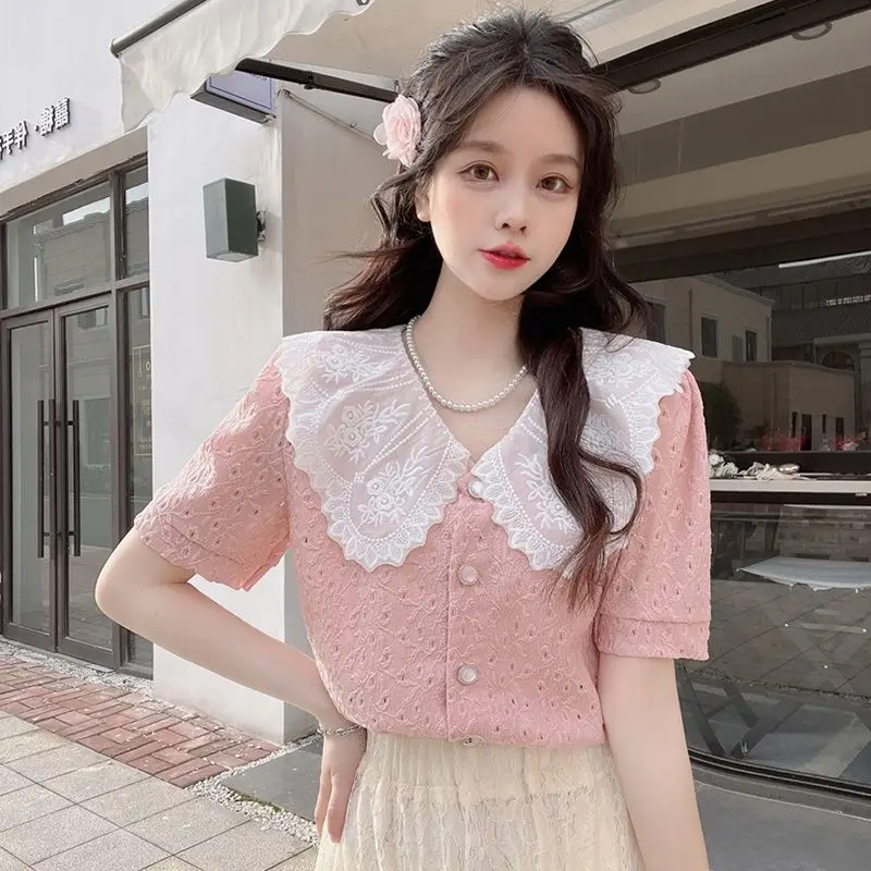 

Femme Summer Korean Simplicity Button Solid Color Turn-down Collar Short Sleeve Women Shirts All-match Hollow Out Temperament To