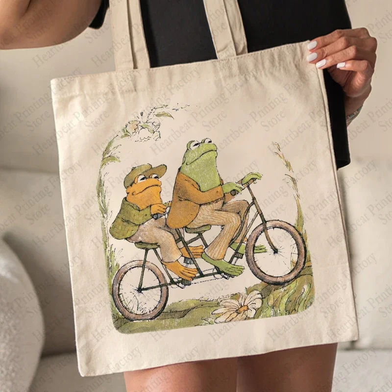 Cartoon Frog Print Canvas Bag Lightweight Shoulder Bag Versatile Shopper Handbag Women Large Capacity Casual Bag