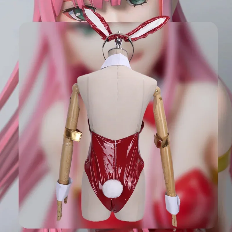Kostum Cosplay Anime DARLING Nol Dua Gadis Kelinci 02 Jumpsuit Wanita Seksi Setelan Kulit Merah Pakaian Halloween MN1
