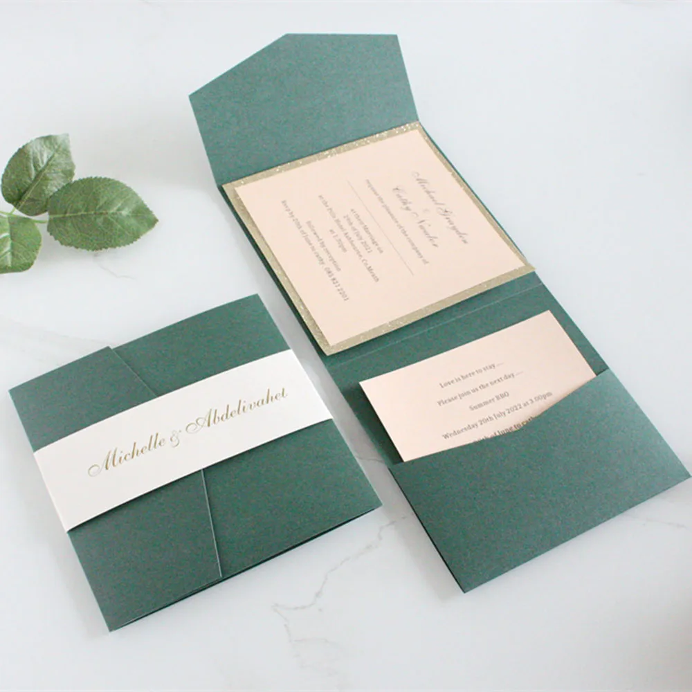 Dark Green and Blush Pink Detailed Pocket Fold Invitation Wedding Birthday With RSVP Personalized Printing 250G Paper 50 Pcs