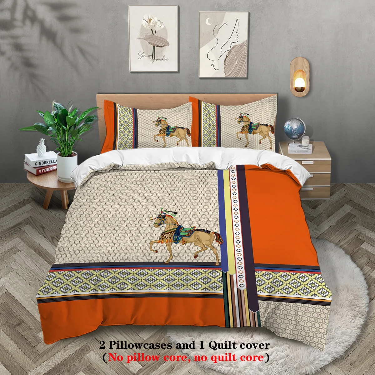 3pcs luxury orange stitching digital printing, skin-friendly, breathable, 1 quilt cover + 2 pillowcases unfilled bedding set