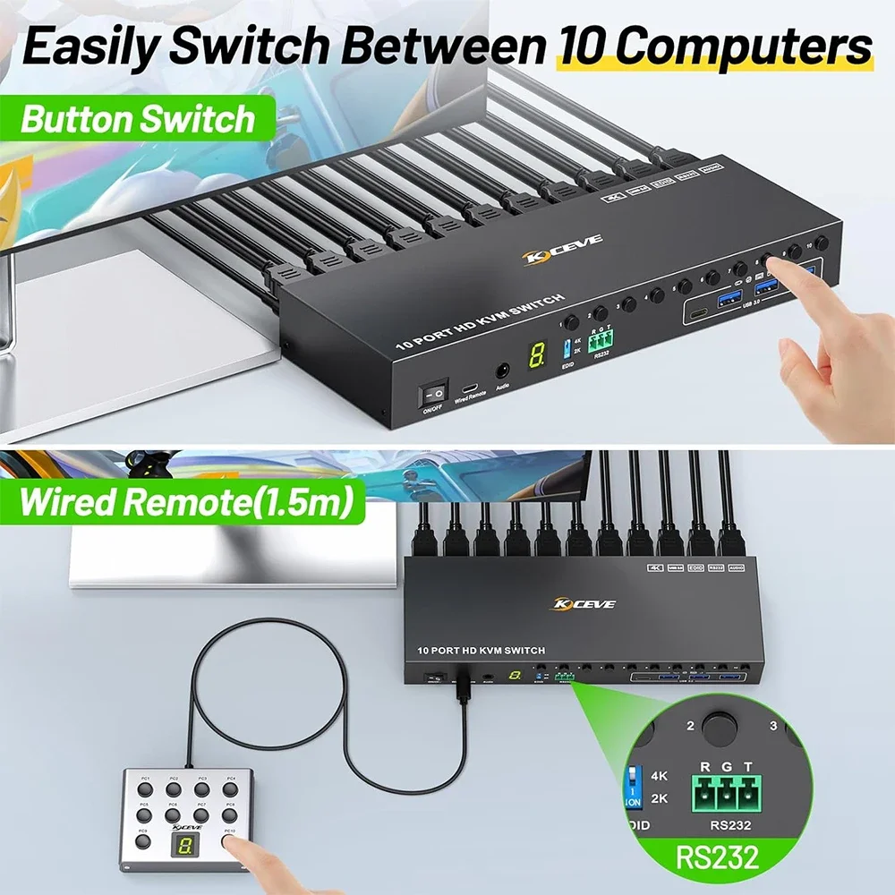 10 منافذ KVM Switch 4K @ 60 هرتز EDID Simulation USB3.0 HDMI-متوافق مع KVM Switch لـ 10 أجهزة كمبيوتر مشاركة 1 شاشة 4 جهاز USB، RS232