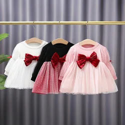 Children's Dress Cute Spring Autumn girl Fashion Long Sleeve Butterfly Knot Mesh Dress Infants Young Children 0-4Y Party Dress