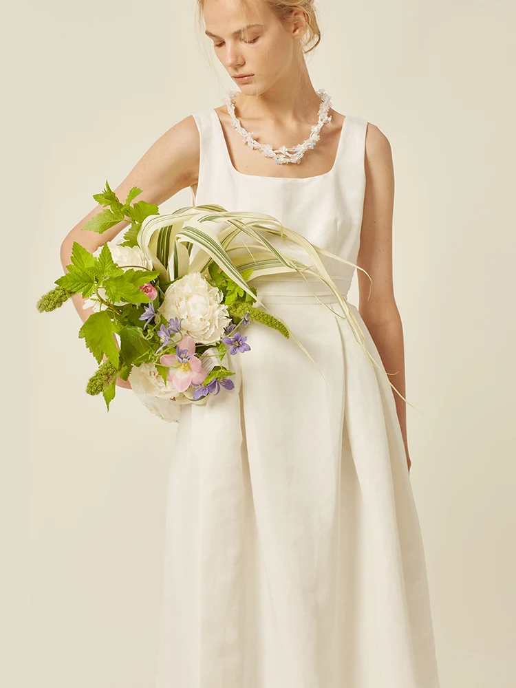 

Летнее платье BONUET из органического хлопка, льна и шелка, белое, с завышенной талией, А-силуэт, модель Dr Ele Sle