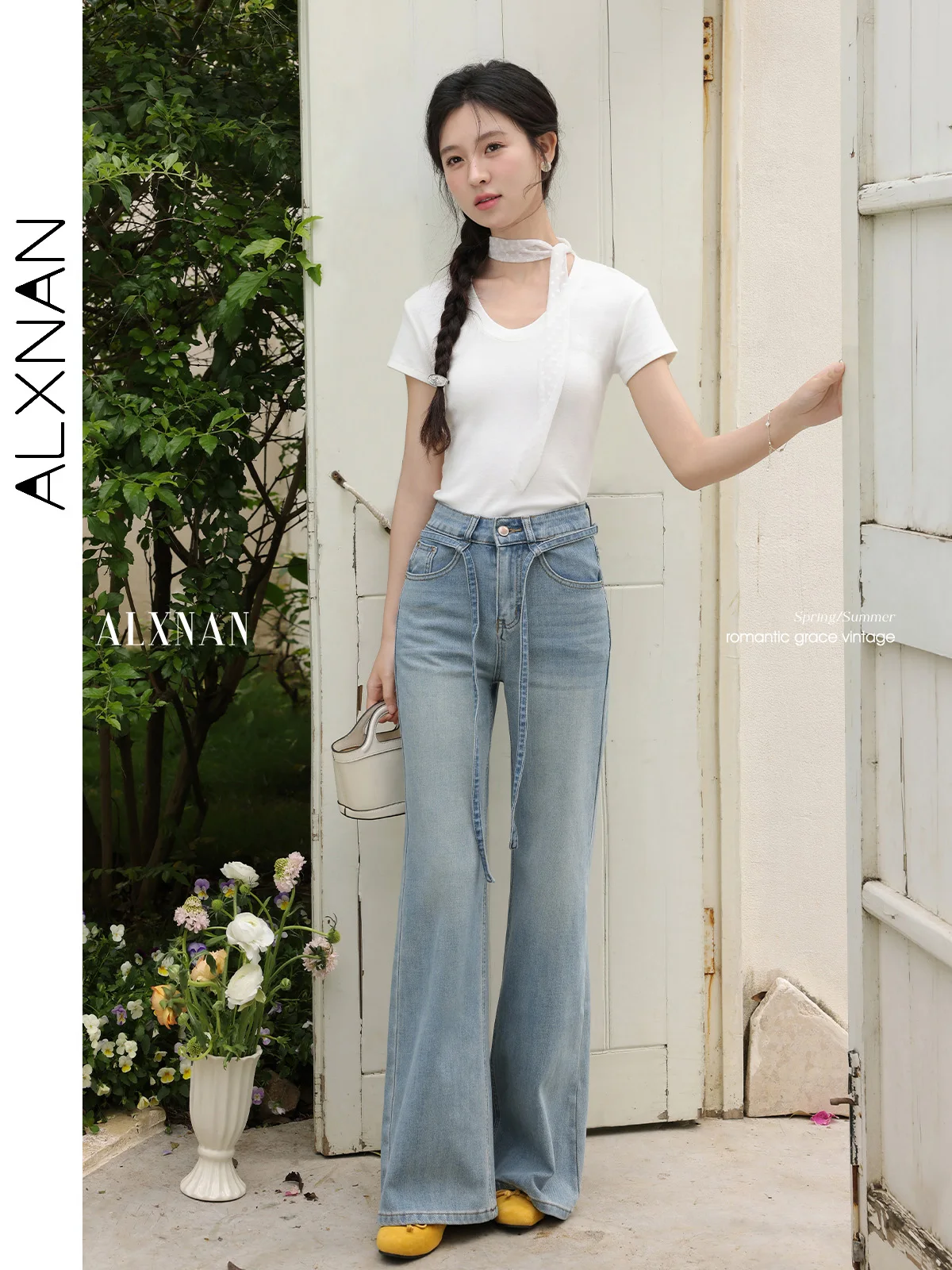 ALXNAN Ausgestellte Jeans für Damen, Vintage-Denim, Blau, hohe Taille, Jeans, 2022, Sommer, elegante Schnürung, schmale Passform, lange Hosen, weiblich, L53906