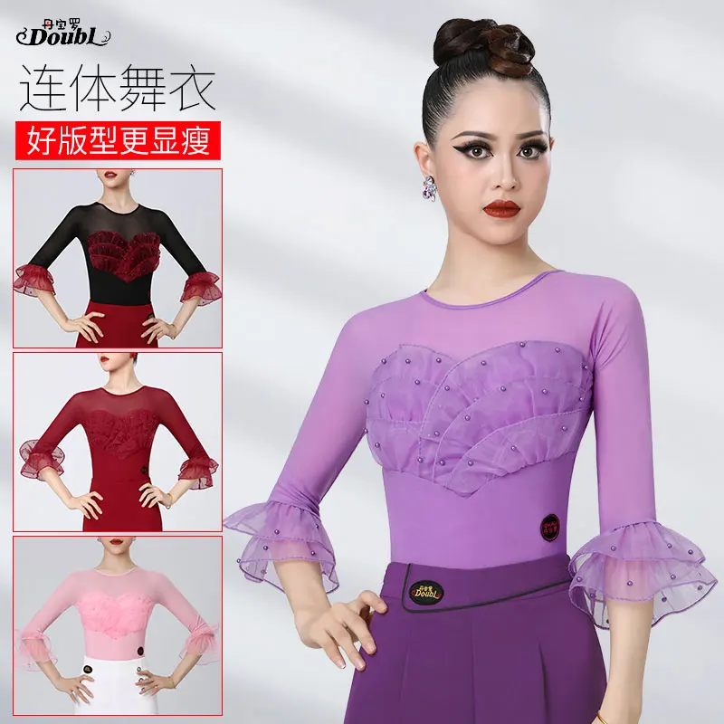 Doubl Dance Dress New High-end Ladies Ballroom Dance Top Trumpet Sleeve Pulled Dance Dress Dance Dress