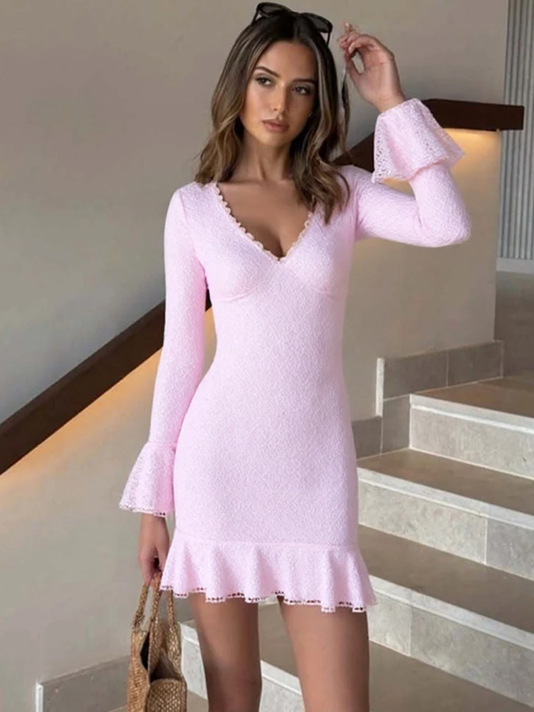 Oniflyme ลูกไม้ Patchwork Ruffles ชุดมินิผู้หญิง Flare แขน V คอ Slim สะโพกชุดเดรส Elegant Bodycon Partywear Robes