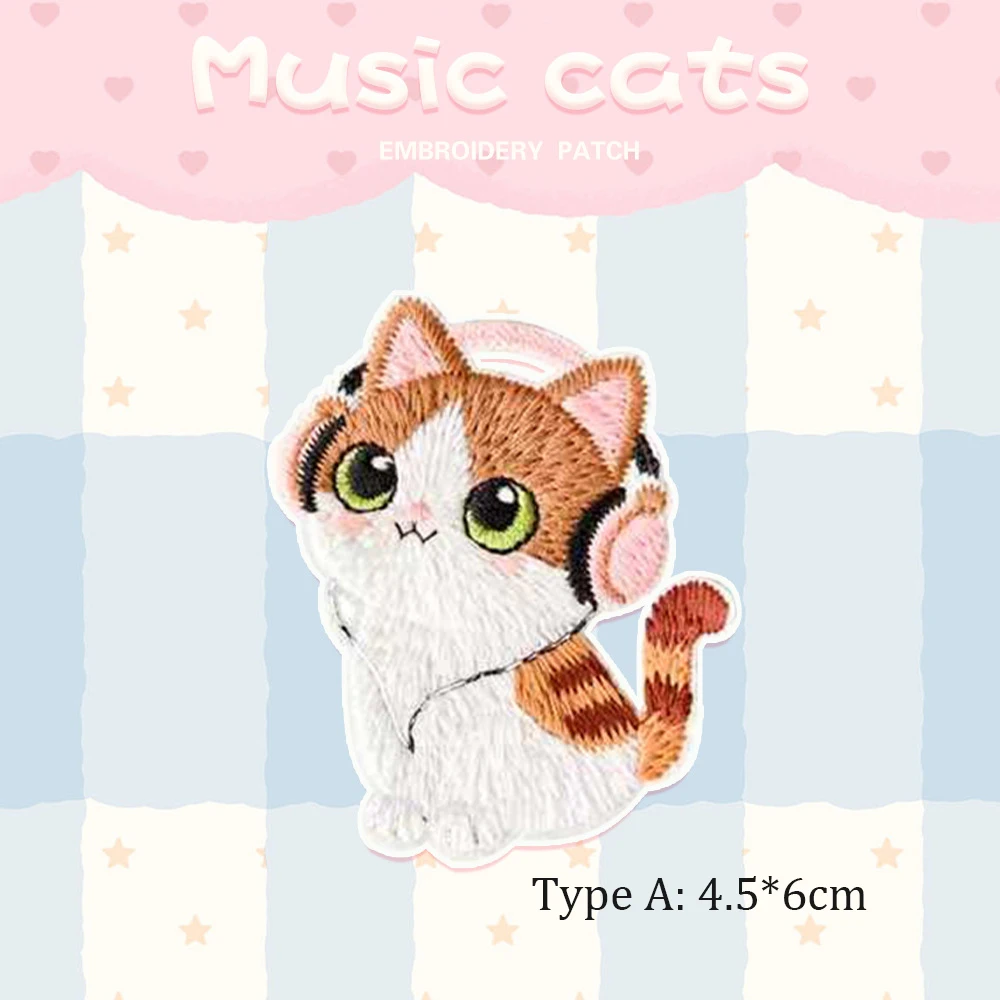 4 Different  Music Cat Embroidery Patches for Girls Bag Iron On Patches for Clothes Small Glue Patch for Kids Clothes Designer