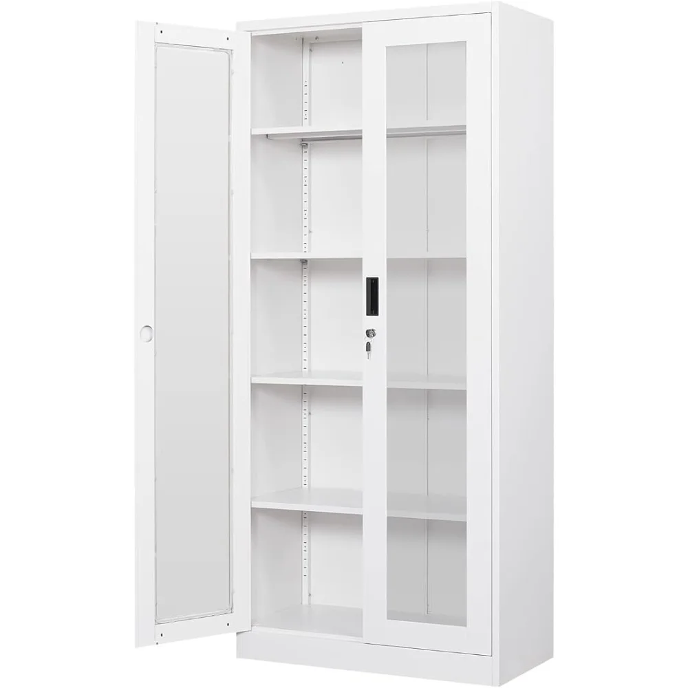 Display Cabinet with Glass Doors,Curio Cabinets with 4 Adjustable Shelves,Locking Glass Cabinet Display Case for Home,White