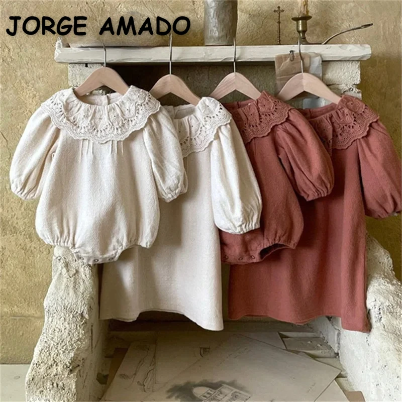 Korean Style Spring Family Matching Clothes Girl Brick Red Apricot Long Sleeves Ruffles Dress+Turn-down Collar Bodysuit E4170