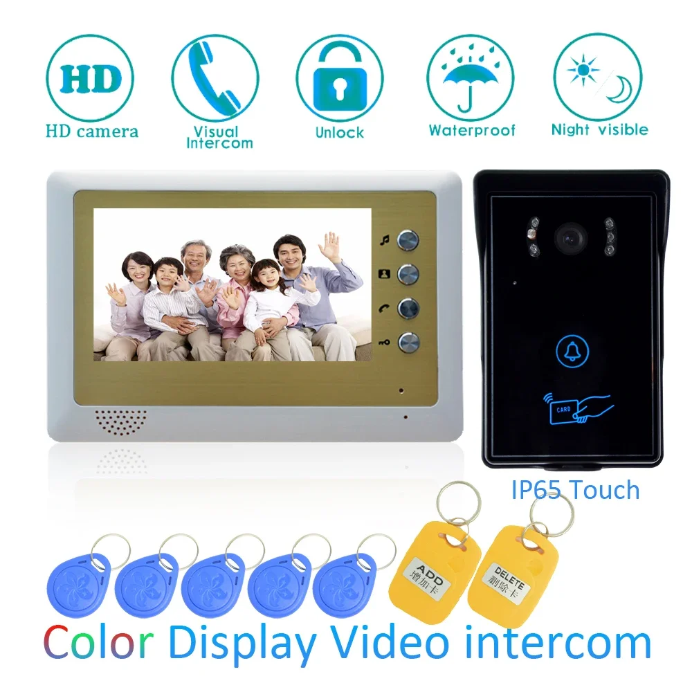 1Set Videocitofono Sistema Home Garden Wire Videocitofono 7 ''Monitor LCD con scheda RFID Sblocco campanello Telecamera impermeabile