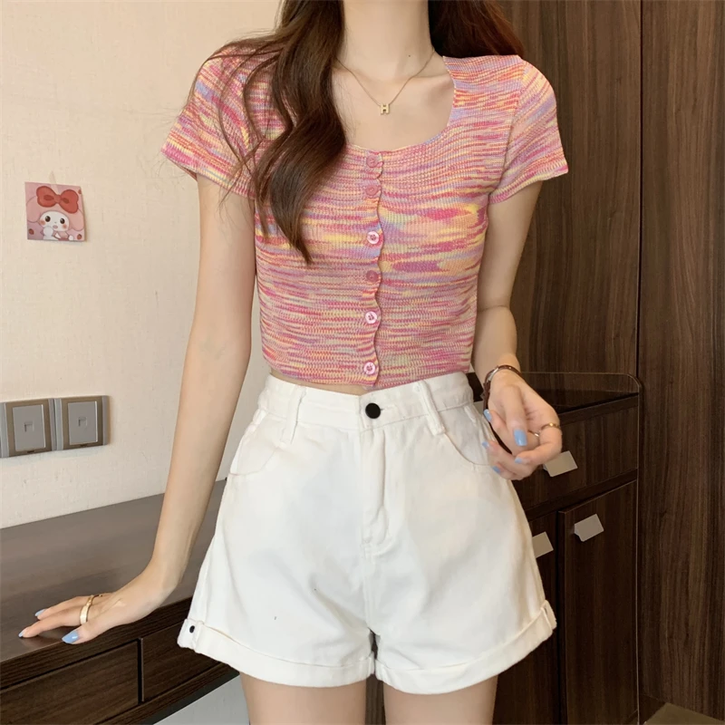 Summer Thin Knit Cardigan Girls Square Collar Short Sleeve Cropped Sweater Shirts Women Tie-dyed Crop Tops