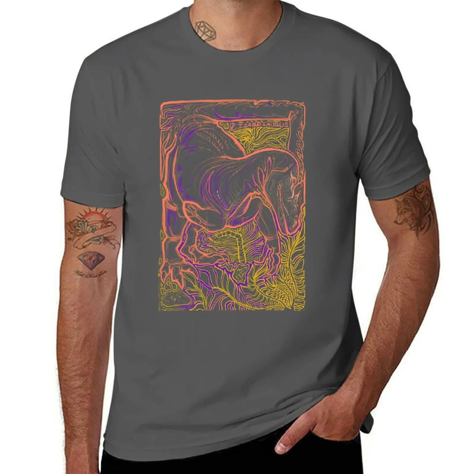 

Dinoshapes: Allosaurus - Black&Gold, paleoart dinosaur lineart design T-Shirt Big Size Short Sleeve Tee for Men