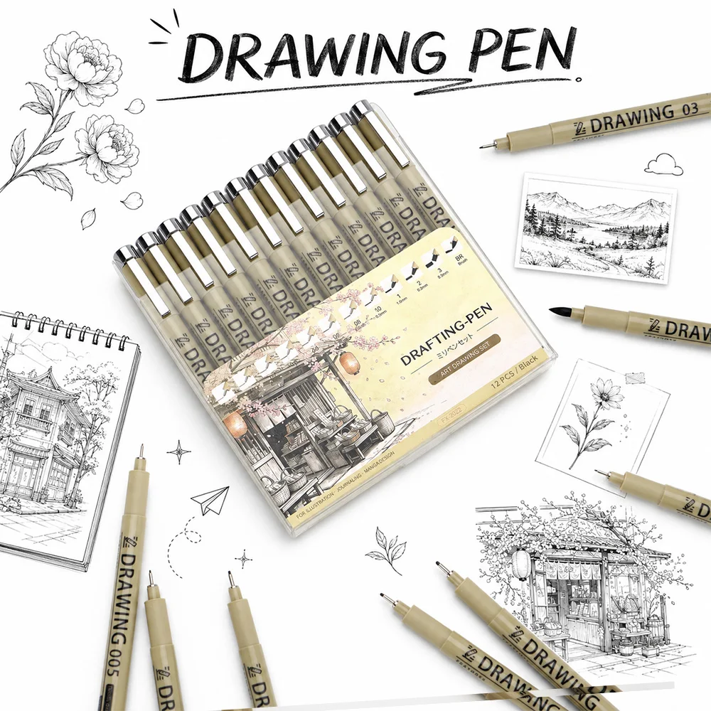 12 Size Fine Line Drawing Pens Professional Drafting Pens Waterproof No Bleed Sketch Manga Interior Design Stationery Kit